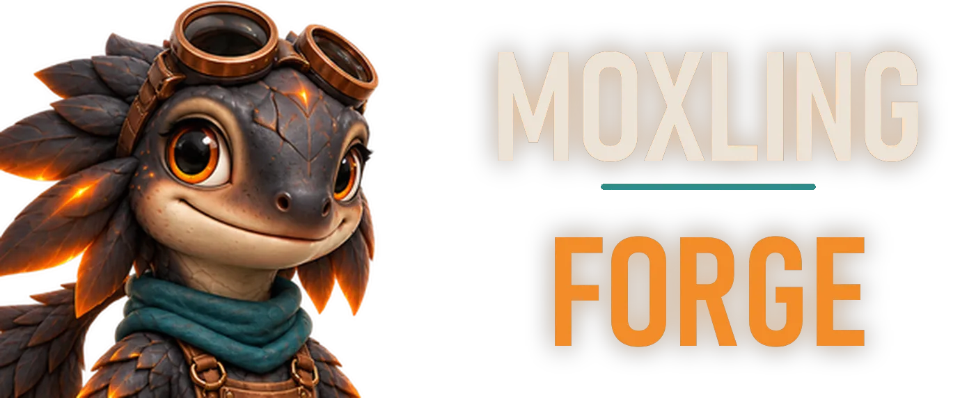 Moxling Forge — Kopf des Maskottchens neben der Wortmarke